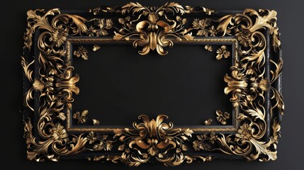 Vintage Gold picture frame on a black background. Classic antique golden picture frame 