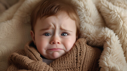 baby pouts and cries because he is sad, portrait of sad baby on blanket