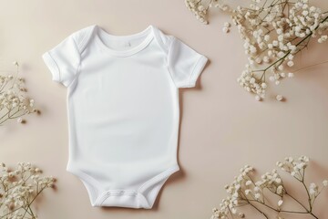 Mockup of white baby bodysuit on room decorations background, flat lay. Blank baby clothes template in neutral color.
