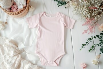 A plain blank empty Pink baby onesie bodysuit for Girl or Boy on room decorations background, Pastel empty baby body suit mock up.
