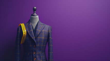 A bespoke double-breasted suit on a mannequin against a purple backdrop, exuding sartorial elegance with a measuring tape draped over the shoulders - obrazy, fototapety, plakaty