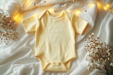 Yellow cotton baby short sleeve bodysuit on room decorations background. Gender neutral newborn bodysuit template mock up.
