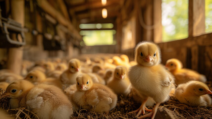 A curious duckling stands out among its flock in a rustic barn, capturing the essence of farm life