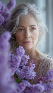 Joyful senior woman enjoying the fragrance of lilacs