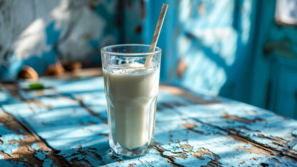 Glass with coconut milk on a blue background.
