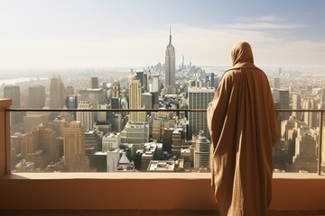Arab businessman standing confidently in front of stunning modern high-rise cityscape