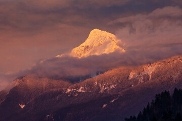 Glowing Mount Cheam at sunset with dramatic sky