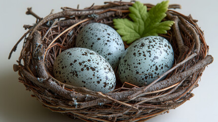Naklejka na ściany i meble Elegant Bird Nest with Beautiful Blue Speckled Eggs