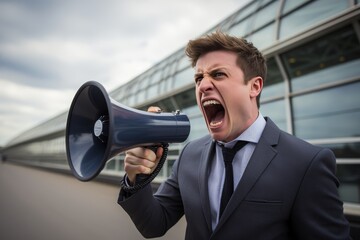 Businessman making announcement with megaphone outside corporate building in the city