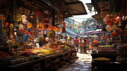 lanterns in a Chinese market showcasing the colorful objects of Chinese festival 