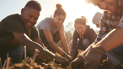 Fototapeta premium a group of people carry out reforestation activities by planting trees