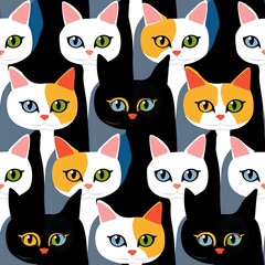 a seamless animal cartoon design pattern. cute kittens, and beautiful cat's eyes, flat style. generative AI