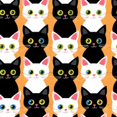 a seamless animal cartoon design pattern. cute kittens, and beautiful cat's eyes, flat style. generative AI