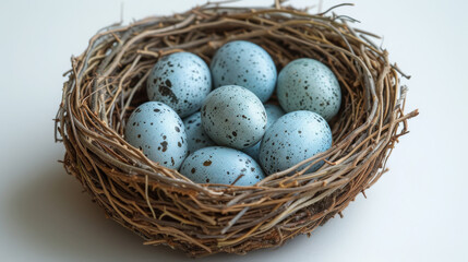 Naklejka na ściany i meble Speckled Blue Eggs Nestled in Twig Nest on White