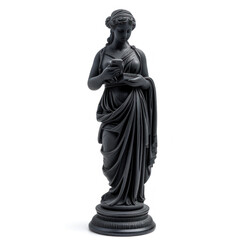 An ancient Greek statue black woman holding phone,Carved from black obsidian. isolated on white background 