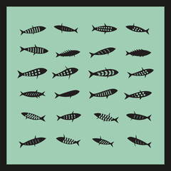 fish bone line icon silhouette set