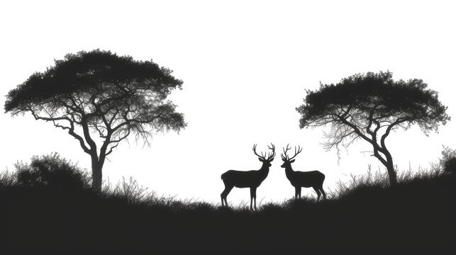 Deer in the savanna, black monochrome illustration, AI generated Image