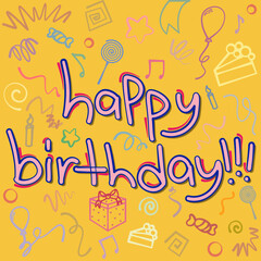 Handwriting happy birthday hand lettering with cute doodle poster card template design.
