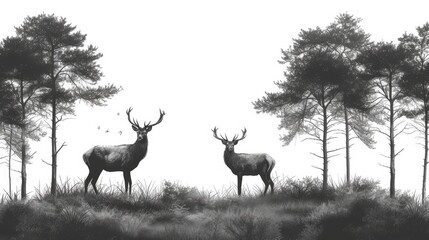 Fototapeta na wymiar Deer in the savanna, black monochrome illustration, AI generated Image