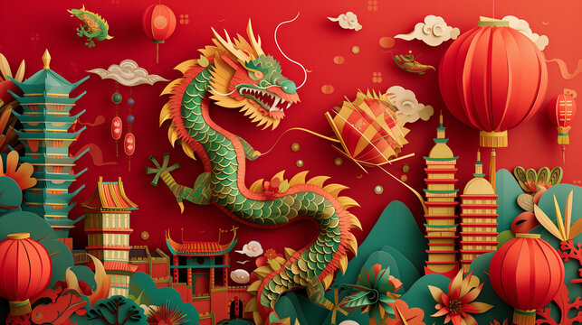 image of paper art about "Chinese new year" has dragon , gift box , goldbar , fireworks , chinese lanterns , chinese fan , flower , modern art on red and gold background