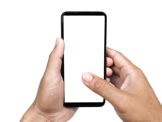 Male hands holding white screen and playing mobile phone with two hands isolated on white background, business concept.