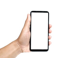 Male hand holding a white screen isolated on a white background.  business idea.