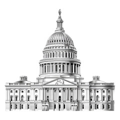 Stylized Capitol building icon within blue circle, transparent background.	