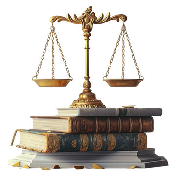 Ornate justice scale on book, transparent background, legal symbolism, 3D render, high detail.	