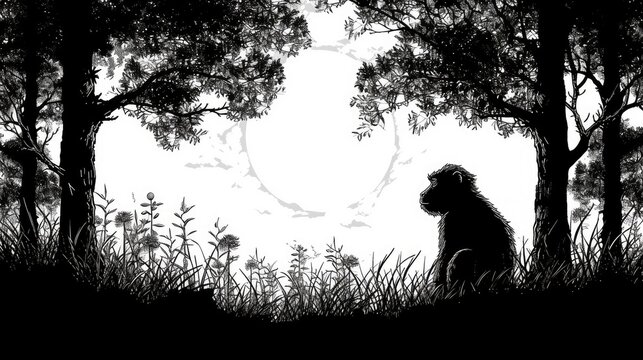 Monkey in the jungle, black monochrome illustration, AI generated Image
