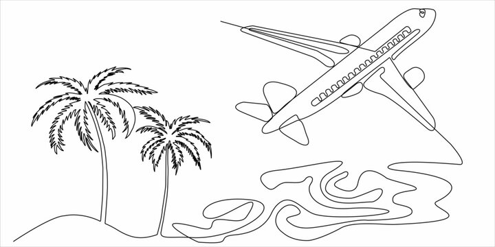 continuous line drawing of palm trees and airplanes