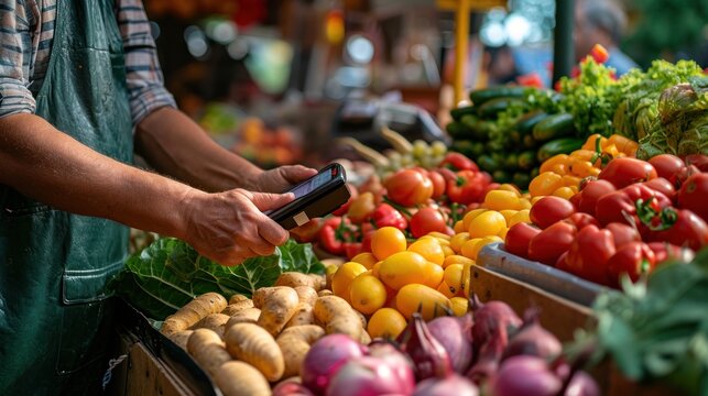 Digital banking concept: Shoppers use mobile phones with contactless payment technology to pay for natural products at a farmers market.