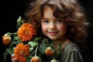 Naklejka premium Little girl with a bouquet of flowers on a black background