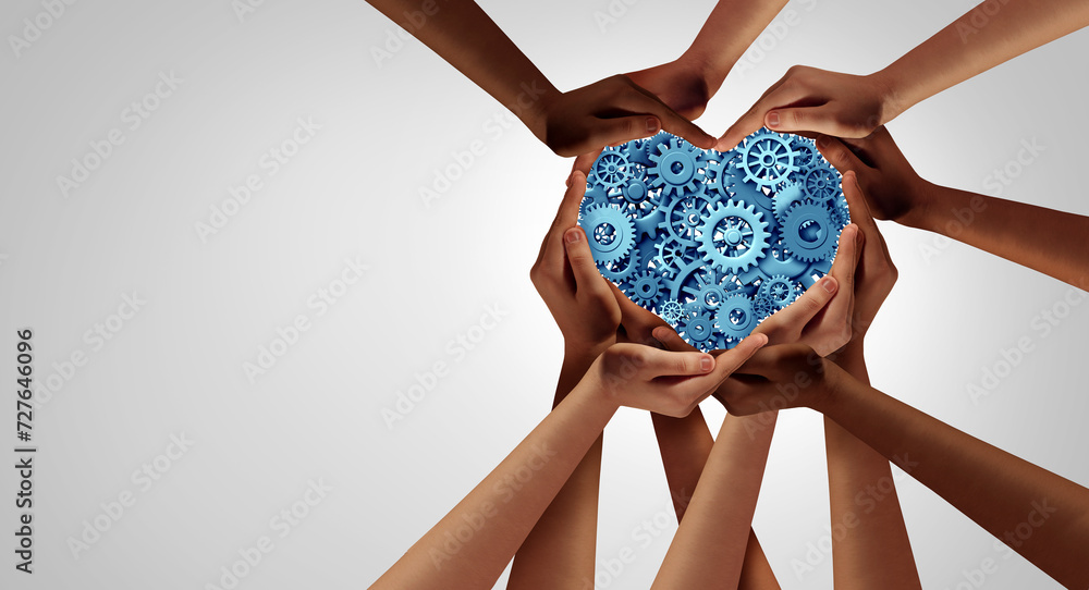 Aufkleber Technology And Unity or industry partnership as heart hands in a group of diverse people connected together with gears and cog wheels as business teamwork and togetherness.