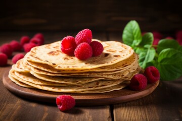 tortillas, thin pancakes with raspberries, pastries, flour products. nutritious food, snack.