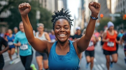 A group of people running a marathon in the city during the day smiling female runner - Powered by Adobe