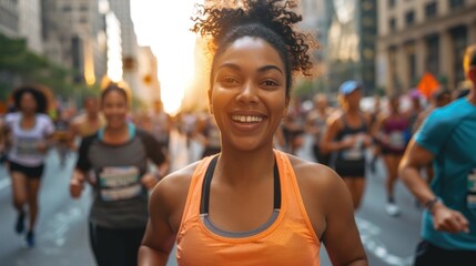 A group of people running a marathon in the city during the day smiling female runner