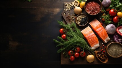 Obraz na płótnie Canvas Fresh ingredients for a keto diet on a dark wooden table.