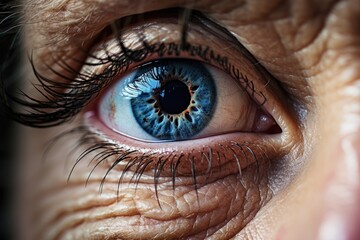 The eye of an elderly woman with wrinkled skin.