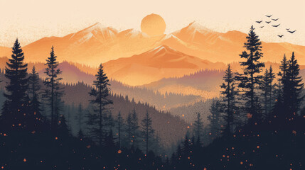 Illustration of an artistic sunset view over forested mountains, modern monochrome style - obrazy, fototapety, plakaty