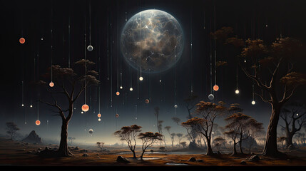 shining, colorful, planets and moons like balls hanging with thin metallic wire 