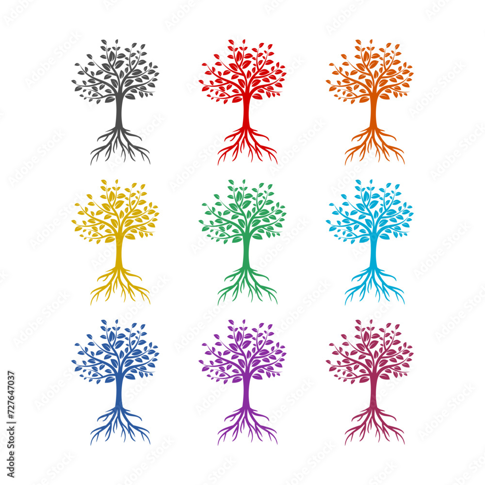 Poster set of color trees and roots icon isolated on white background. set icons colorful