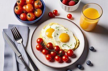 Beautifully served breakfast on the table with a white tablecloth - scrambled eggs with cherry tomatoes on a plate, bowls with berries and vegetables, topview, closeup, banner