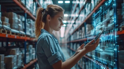 Future Technology Warehouse: A female worker is doing inventory using an augmented reality application on a tablet.