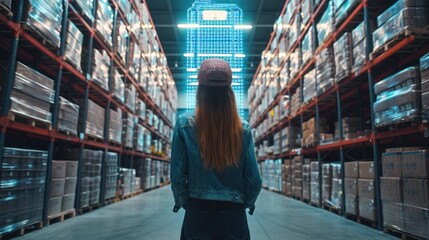 Future Technology Warehouse: A female worker is doing inventory using an augmented reality application on a tablet.