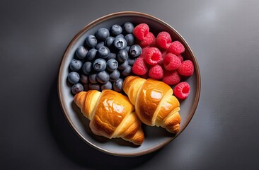 A grey plate with croissants and raspberries and blueberries stands on a dark surface, topview, closeup, banner