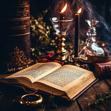Old Open Book Illuminated by Candlelight