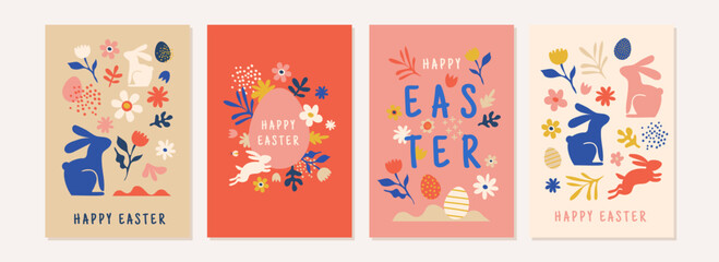 Happy Easter, decorated geometric style Easter card set. Bunnies, Easter eggs, flowers and basket in modern bold minimalist style. Abstract flowers, bunnies and eggs. - 727647410