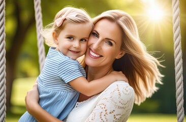 Mom and daughter with blonde hair in summer clothes hugging sitting on a swing, blurred background of a green park, closeup, banner