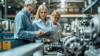 Meeting at an electronics factory, various experts use laptops and tablets with blueprints for innovative green energy engines.