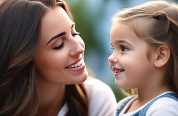 A young mother with long brown hair smiles and looks at her daughter, the child is smiling, their eyes are on the same level, blurred background, closeup, banner